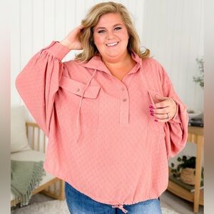 Heyson Textured Long Batwing Sleeve Hooded Top Plus Size 2XL NWT Rose Color